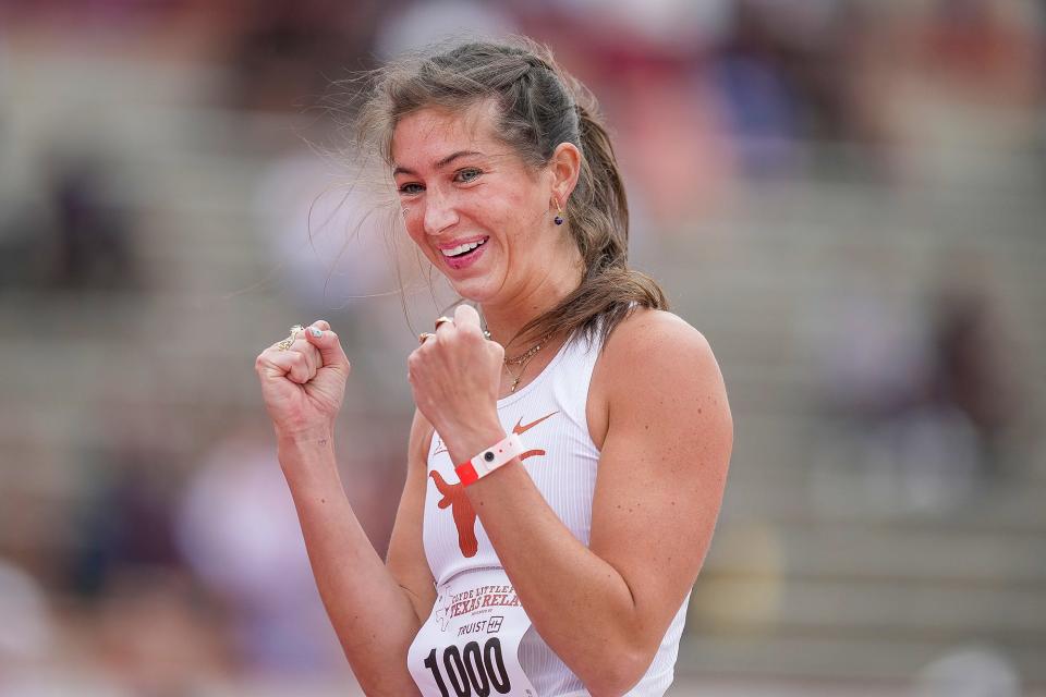 Texas' Claire Moreau celebrates after clearing the bar while competing in the high jump Friday at the Texas Relays. She finished third in the event.