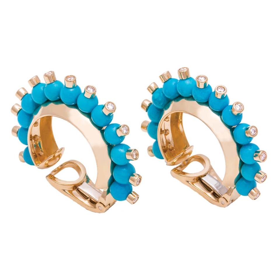 Sleeping Beauty turquoise — mined near Globe, Arizona, and prized for its purity and distinct blue shade — is accented with diamonds set in 18-karat yellow gold on these “Il Cerchio” (“the circle”) clip-on earrings by Aletto Brothers; $8,100, at alettobrothers.com