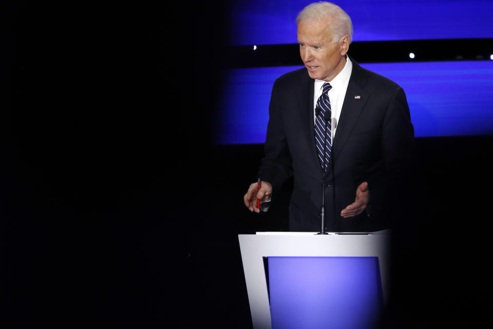 Democratic presidential candidate former Vice President Joe Biden speaks, Tuesday, Jan. 14, 2020, during a Democratic presidential primary debate hosted by CNN and the Des Moines Register in Des Moines, Iowa. (AP Photo/Patrick Semansky)