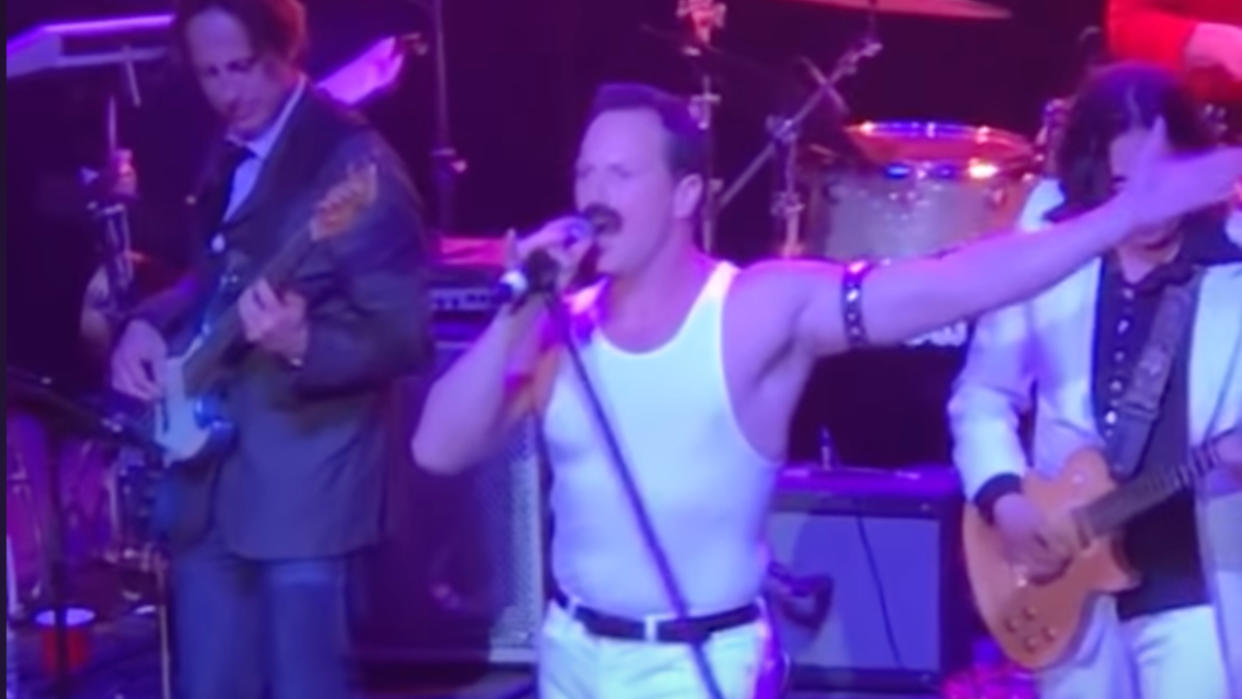  Patrick Wilson singing Queen while dressed as Freddie Mercury. 