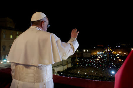 FILE PHOTO : Newly elected Pope Francis I, Cardinal Jorge Mario Bergoglio of Argentina appears on the balcony of St. Peter's Basilica after being elected by the conclave of cardinals, in a photograph released by Osservatore Romano at the Vatican, March 13, 2013. Osservatore Romano/Handout via Reuters ATTENTION EDITORS - THIS IMAGE WAS PROVIDED BY A THIRD PARTY.