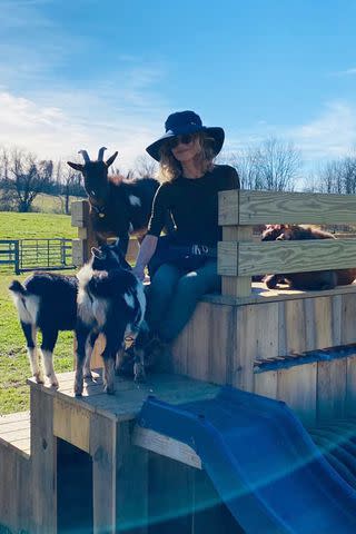 <p>Facebook</p> Kyra Sedgwick poses with pet goats