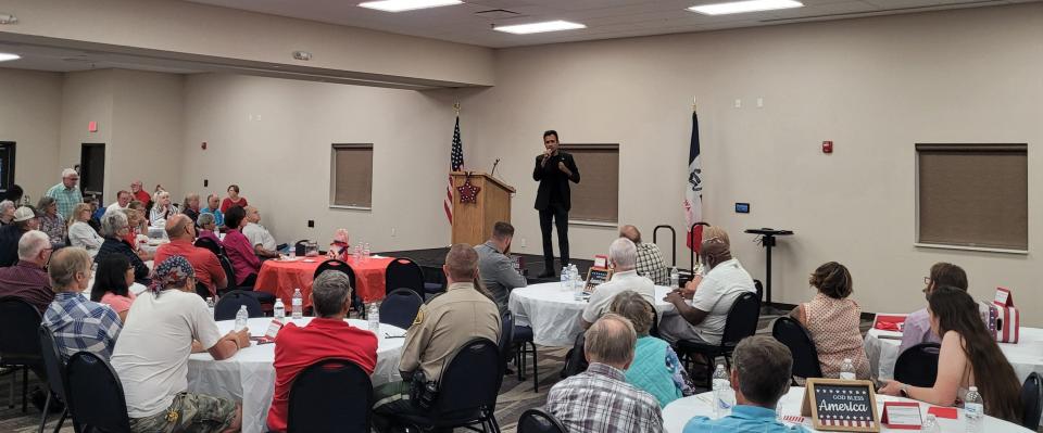 Republican Presidential Candidate Vivek Ramaswamy speaks to a crowd in Boone, Iowa on Thursday Aug. 31, 2023.