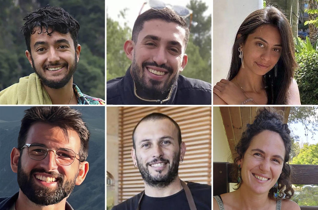 From top left: Hersh Goldberg-Polin, Ori Danino, Eden Yerushalmi. From bottom left: Almog Sarusi, Alexander Lobanov and Carmel Gat. (The Hostages Families Forum via AP)