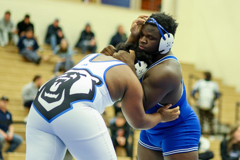 Middletown's Rahmiere Bradley, left wrestles teammate Stephan Monchery in the Section 9 Div. I championships in Central Valley, NY on February 10, 2024. ALLYSE PULLIAM/For the Times Herald-Record