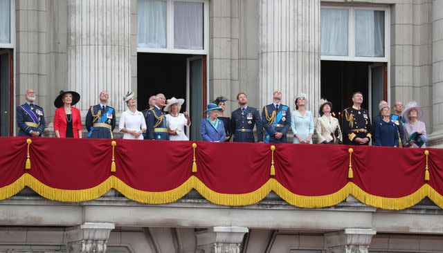 <p>Neil Mockford/GC Images</p> Members of the British royal family on the balcony of Buckingham Palace, including the Duchess of Kent at far right, to mark the centenary of the RAF on July 10, 2018 in London.