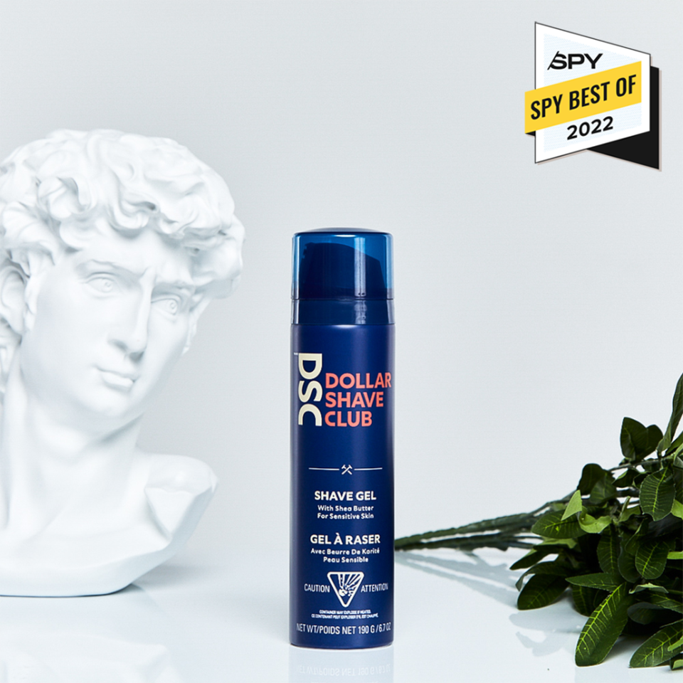 the dollar shave club shave gel can with a bust of da vinci's David