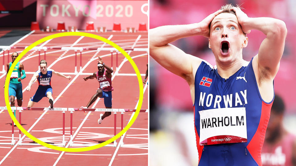 Karsten Warholm (pictured right) in shock after he broke his own 400m hurdles world record and (pictured left) running at the Tokyo Olympics.