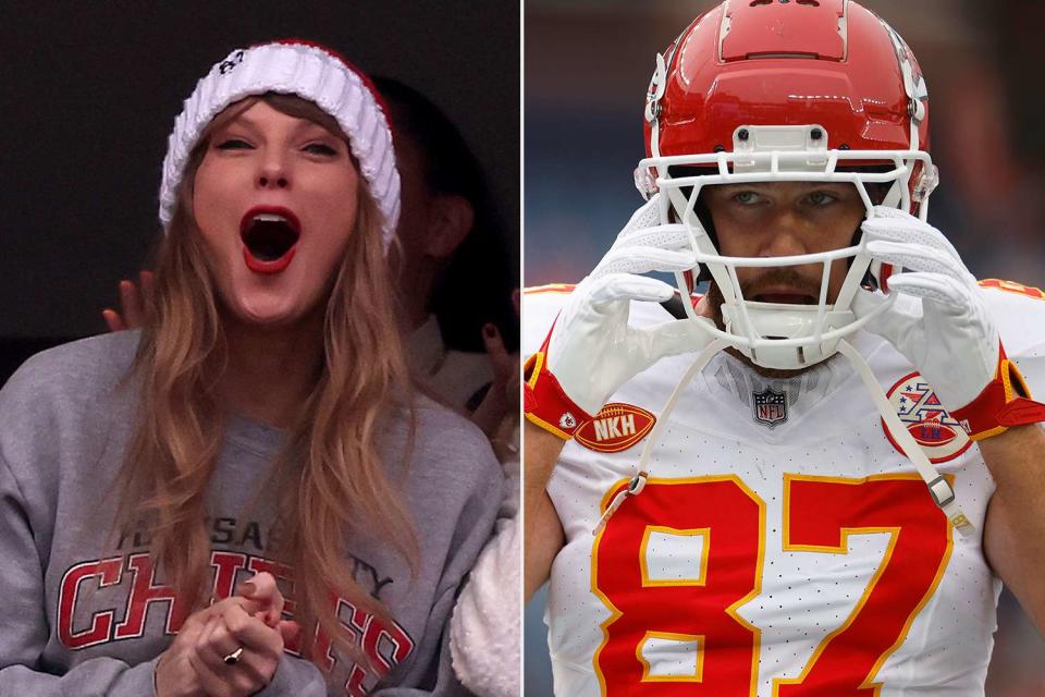 <p>Sarah Stier/Getty</p> Taylor Swift, Travis Kelce.