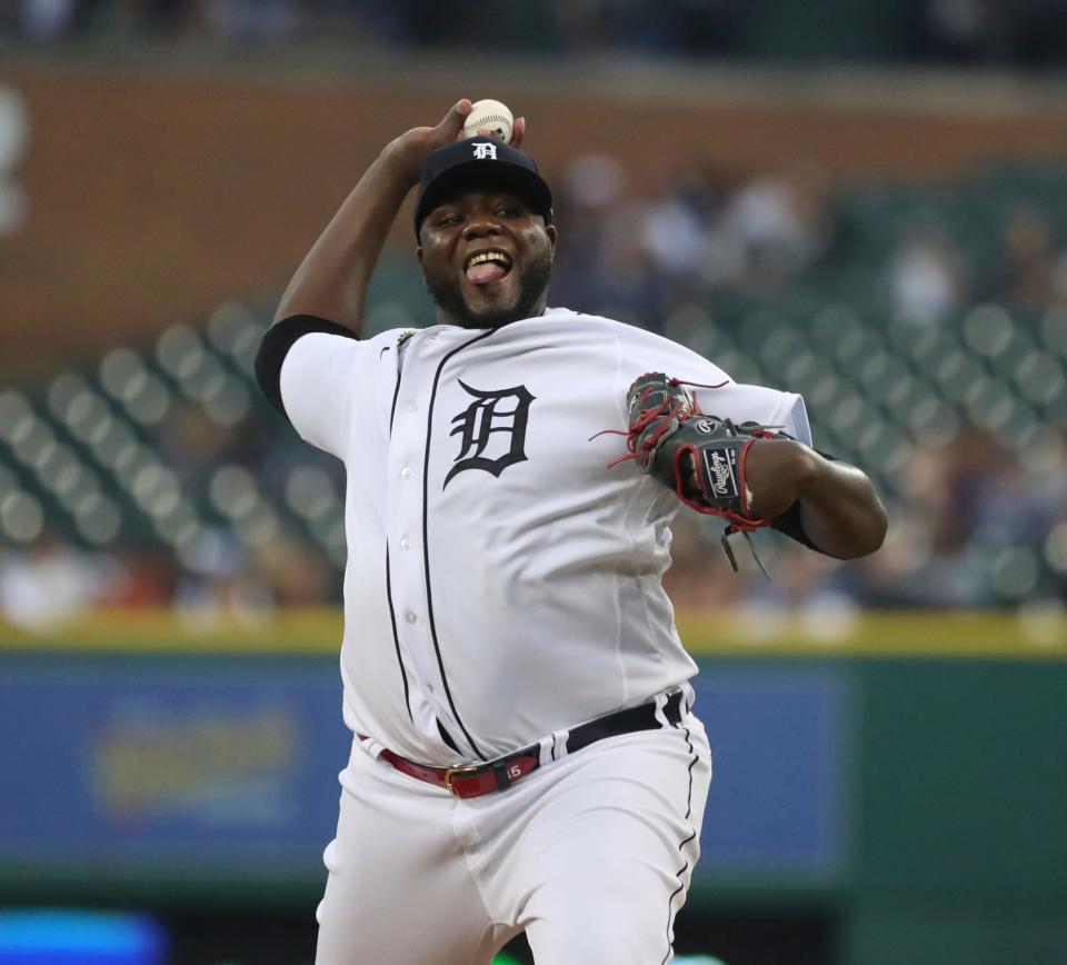 Detroit Tigers starter Michael Pineda  (38) pitches against the Kansas City Royals during first-inning action at Comerica Park in Detroit on Friday, July 1, 2022.