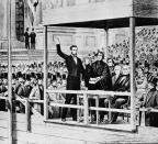 FILE - This images shows a depiction of Abraham Lincoln taking the oath of office as the 16th president of the United States administered by Chief Justice Roger B. Taney in front of the U.S. Capitol in Washington, on March 4, 1861. Historians cite the first inaugural speeches of Thomas Jefferson and Abraham Lincoln as possible parallels for Joe Biden, who has said his goal is to “restore the soul” of the country even as millions baselessly insist incumbent Donald Trump was the winner. (AP Photo, File)