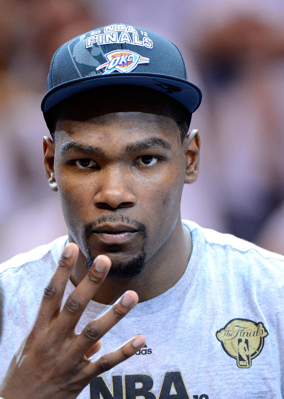 Kevin Durant of the Oklahoma City Thunder looks on after defeating the San Antonio Spurs to win the Western Conference Finals of the 2012 NBA Playoffs at Chesapeake Energy Arena on June 6, 2012 in Oklahoma City, Oklahoma. (Photo by Ronald Martinez/Getty Images)