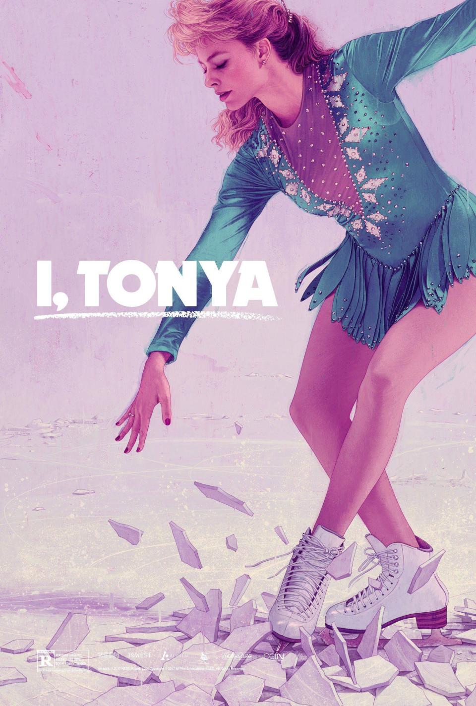 Poster image for "I, Tonya" with Margot Robbie in a professional skaters outfit skating on ice that is shattering below her