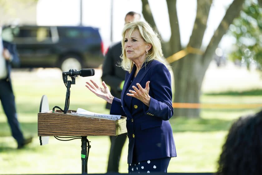 DELANO, CA - MARCH 31: First Lady Dr. Jill Biden participates in a Day of Action at The Forty Acres with the Cesar Chavez Foundation, United Farm Workers, and the UFW Foundation on Wednesday, March 31, 2021 in Delano, CA. (Kent Nishimura / Los Angeles Times)