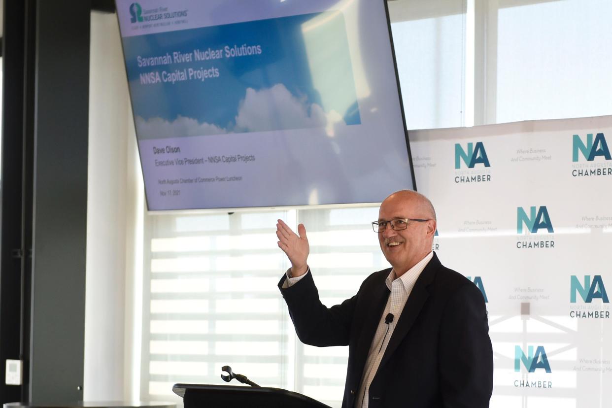 Dave Olson, Executive Vice President for National Nuclear Security Administration Capital Projects, gives updates on the Savannah River Nuclear Solutions to the North Augusta Chamber of Commerce business lunch at SRP Park in North Augusta on Wednesday, Nov. 17, 2021.