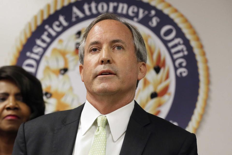 FILE - In this June 22, 2017 file photo, Texas Attorney General Ken Paxton speaks at a news conference in Dallas. Paxton has raised more than $500,000 to pay for private attorneys who are defending him on criminal securities fraud charges. Financial statements released Wednesday, July 5, 2017, show that the Republican last year received donations for his legal bills not just from Texas but from individuals and groups in Arizona, Arkansas and Virginia. (AP Photo/Tony Gutierrez, File)