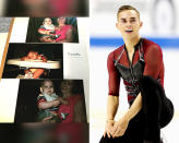 <p><strong>THEN:</strong> 8-month-old Adam Rippon with his mom.<br><strong>NOW:</strong> His signature skating move, the “Rippon Lutz,” is a triple Lutz with both hands above his head.<br> (Photo via Instagram/adaripp, Photo by Matthew Stockman/Getty Images) </p>