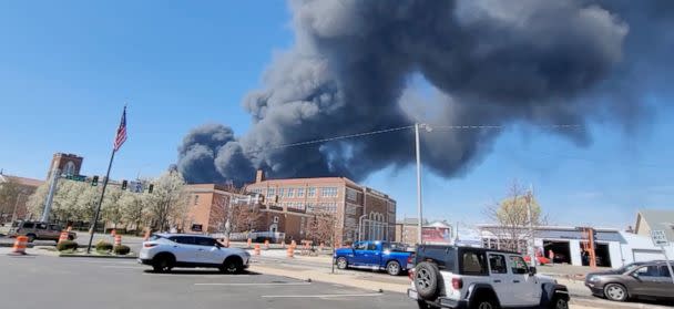 PHOTO: A grab from video shows a smoke plume from a fire at a recycling plant in Richmond, Ind., April 11, 2023. (Carvin Rinehart)