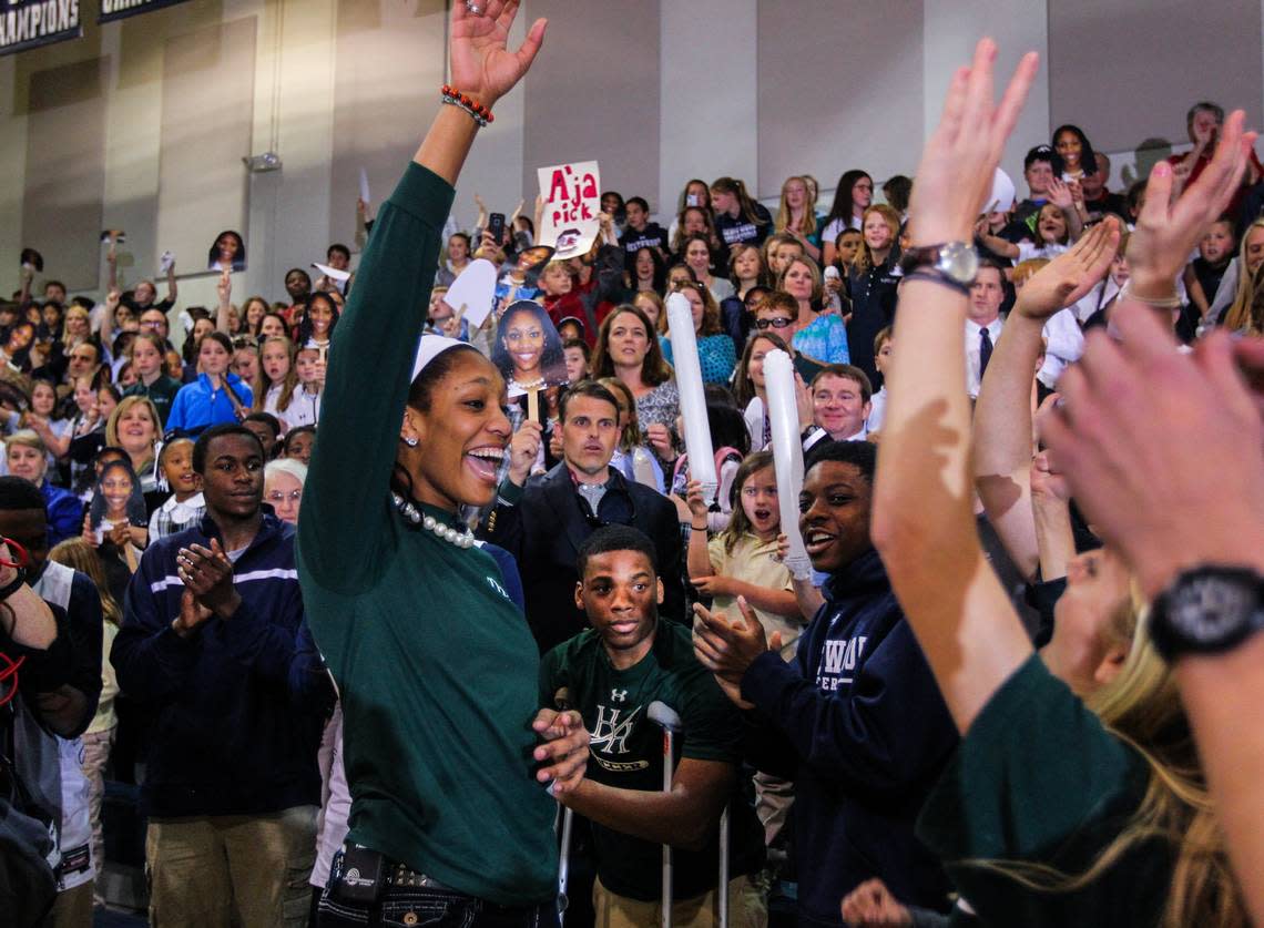 A’ja Wilson celebrates with classmates and fans at Heathwood Hall Episcopal School in 2014 after announcing she will play basketball for South Carolina.