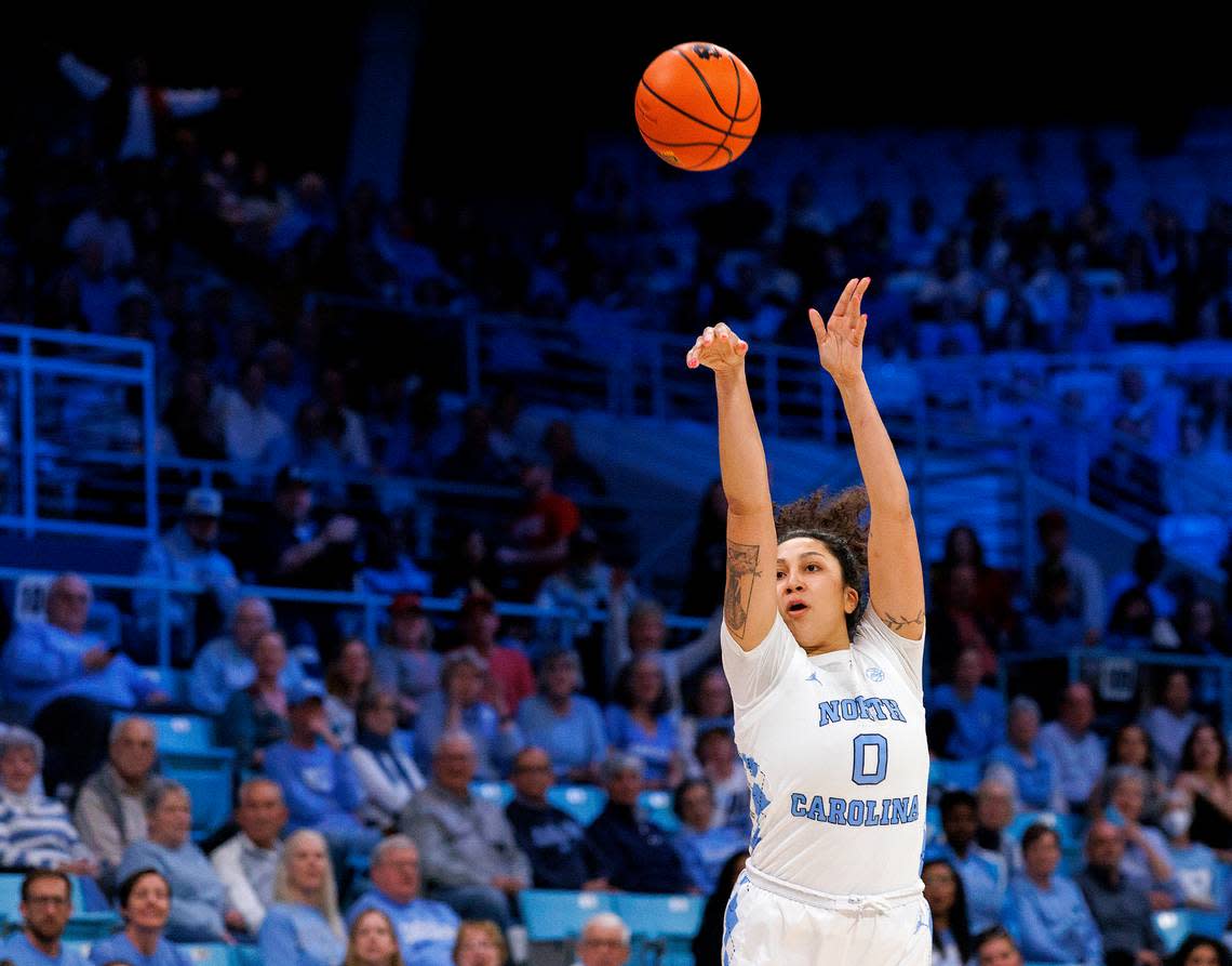 North Carolina’s Alexandra Zelaya knocks down a three-pointer during the first half of the Tar Heels’ 80-70 win over N.C. State on Thursday, Feb. 22, 2024, at Carmichael Arena in Chapel Hill, N.C.
