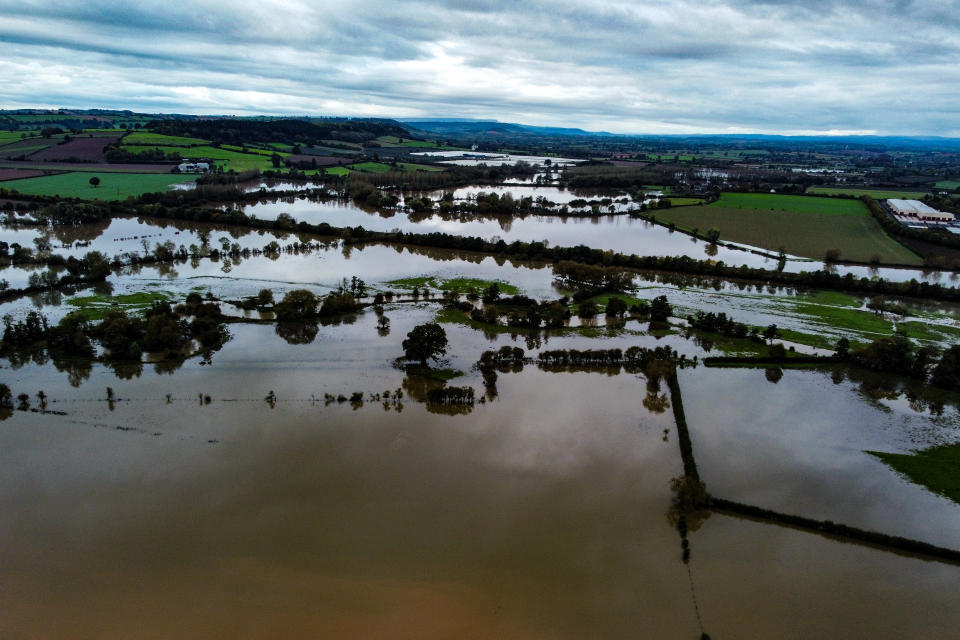 Flooded fields around the River Lugg near Leominster, after Storm Babet battered the UK, causing widespread flooding and high winds. The Environment Agency has warned that flooding from major rivers could continue until Tuesday, amid widespread disruption caused by Storm Babet which is posing a 'risk to life' in some areas. Picture date: Sunday October 22, 2023. (Photo by Ben Birchall/PA Images via Getty Images)