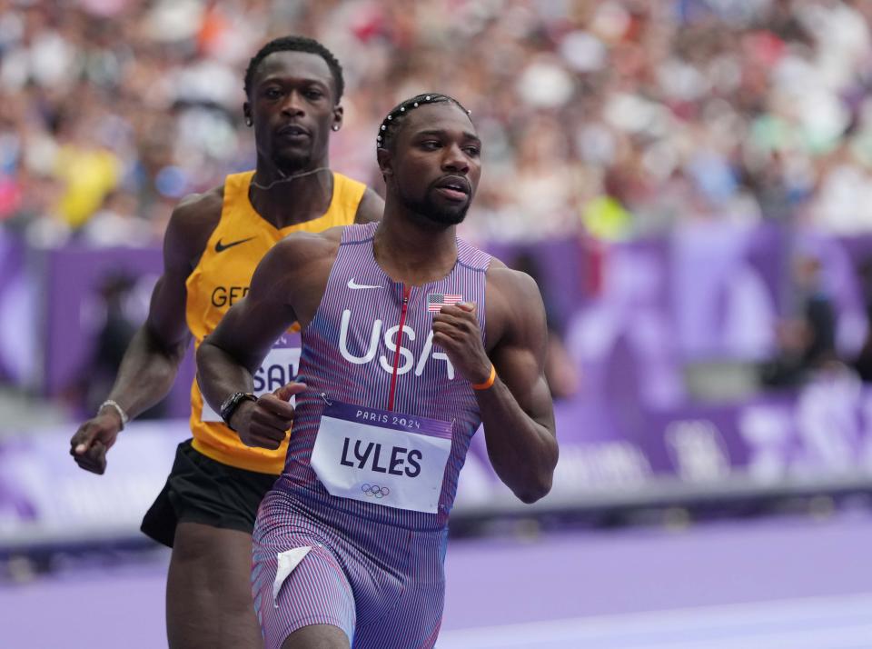 Noah Lyles (USA) after a men's 100m round 1 heat during the Paris Olympics.