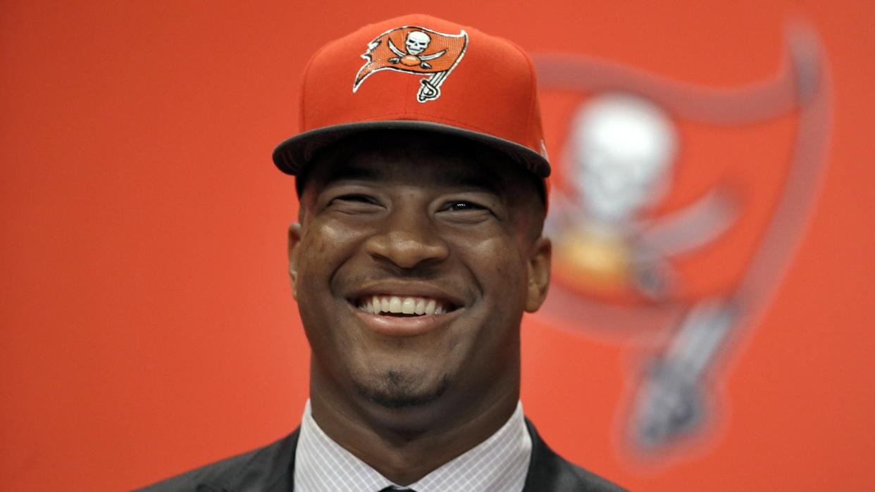 Mandatory Credit: Photo by Chris O'Meara/AP/Shutterstock (6097599m)Tampa Bay Buccaneers first-round draft pick Jameis Winston smiles during a news conference, in Tampa, Fla.