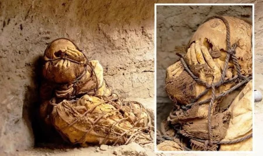 An 800-year-old tied-up mummy in an underground structure near the city of Lima in Peru.