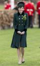 <p>For 2017 St. Patrick’s Day, the Duchess of Cambridge wore a custom Catherine Walker coat in an emerald green with velvet trim and gold buttons. The royal also rocked a Lock & Co. fascinator and Gianvito Rossi suede heels, each matching the dark green shade of her jacket. She also pinned the late Queen Mother’s gold shamrock brooch as well as actual sprigs of shamrock. (Photo: AP) </p>