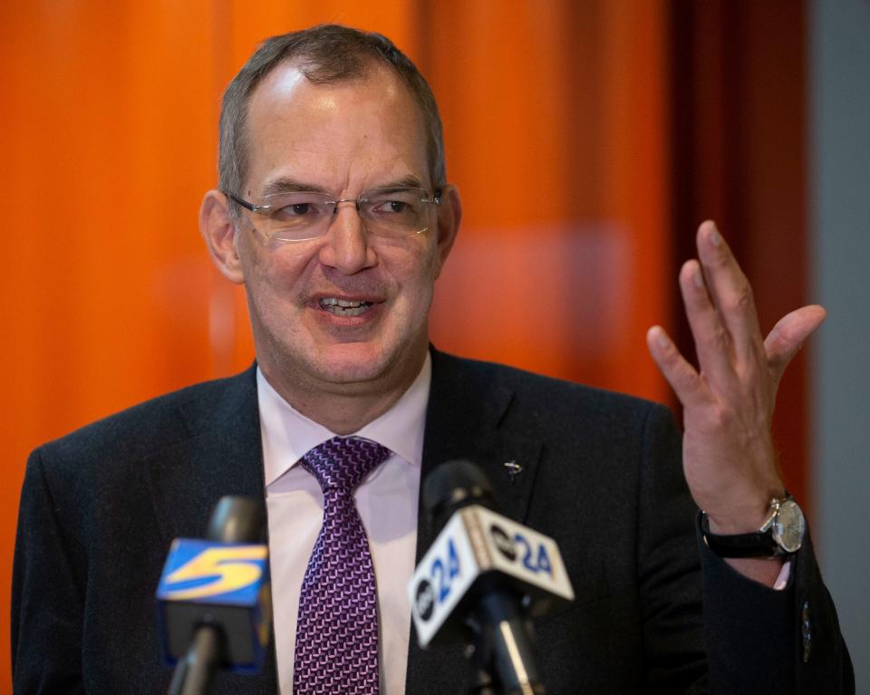 President and CEO of FedEx Logistics Udo Lange speaks during a press conference following the grand opening for the new FedEx Logistics headquarters Tuesday, April 5, 2022, in Memphis. 