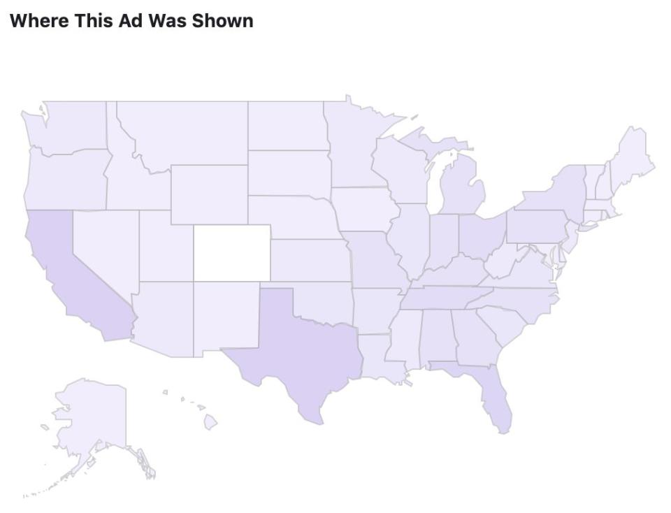 An Aug. 10 Facebook ad highlighting the close relationship between President Donald Trump and Sen. Cory Gardner (R-Colo.) has been seen the least in Colorado.  (Photo: Facebook)