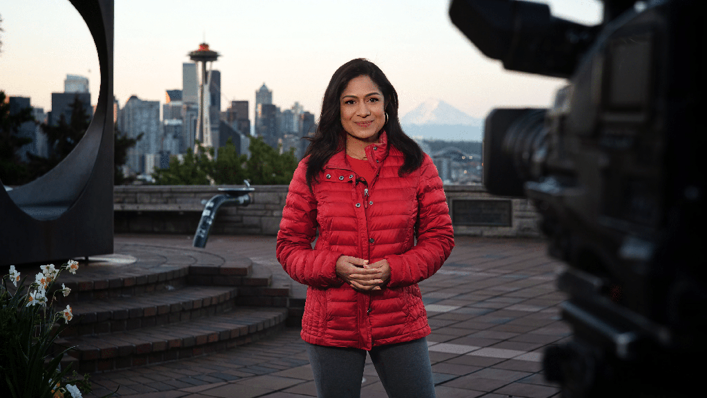  Angeli Kakade delivers the news for KING Seattle viewers. 