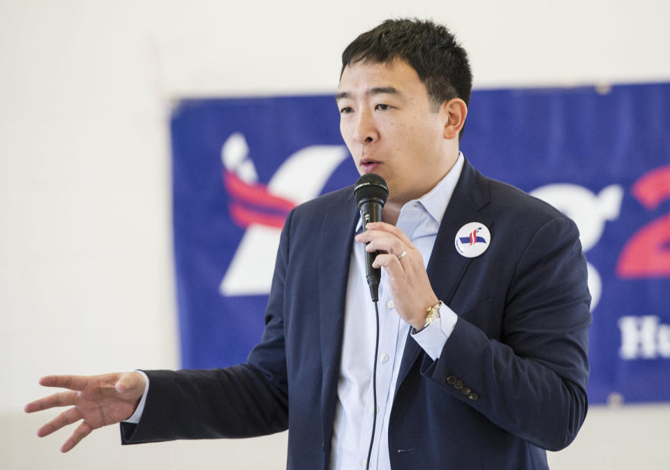 Andrew Yang, a candidate in the Democratic primaries for president, speaks at a town hall meeting sponsored by the Euclid chapter of the NAACP at Christ Lutheran Church in Cleveland, Sunday, Feb. 24, 2019. (AP Photo/Phil Long)