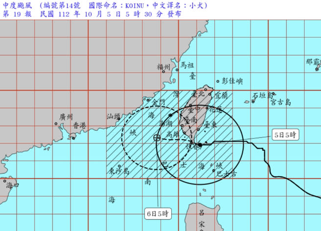 小犬目前為中颱上限，中心距離台灣本島陸地僅剩30公里，即將於恆春半島登陸。(圖／氣象署)