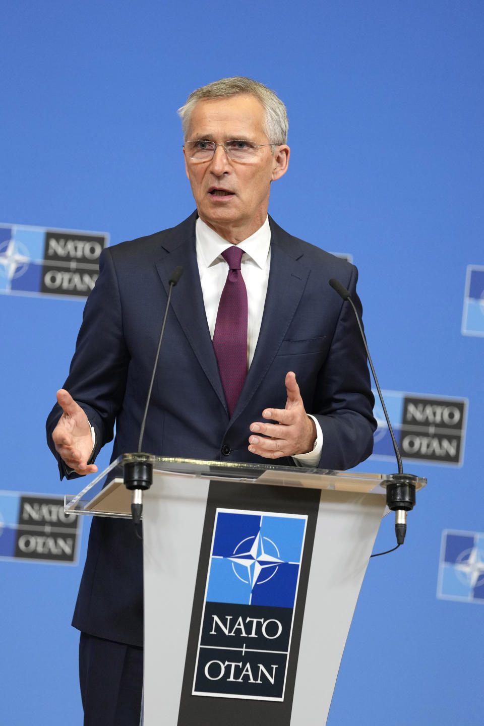 NATO Secretary General Jens Stoltenberg speaks during a media conference at NATO headquarters in Brussels, Thursday, July 6, 2023. Senior officials from Sweden and Turkey arrived at NATO headquarters Thursday to examine Turkish President Recep Tayyip Erdogan's objections to the Nordic country joining the military alliance and to see what more, if anything, could be done to break the deadlock. (AP Photo/Virginia Mayo)