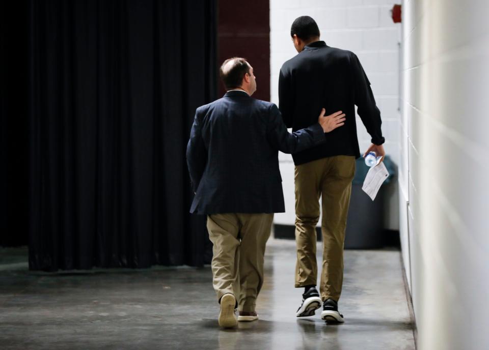 Missouri State Bears Head Coach Dana Ford and Athletic Director Kyle Moats walk though the tunnel after the Bears loss to Bradley Braves at Great Southern Bank Arena on Wednesday, Feb. 21, 2024.