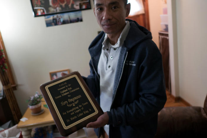 Harry Pangemanan with the 2018 Dr. Martin Luther King Jr. Humanitarian Award for the rebuilding work he did on the Jersey shore after Hurricane Sandy. (Photo: Alan Chin for Yahoo News)