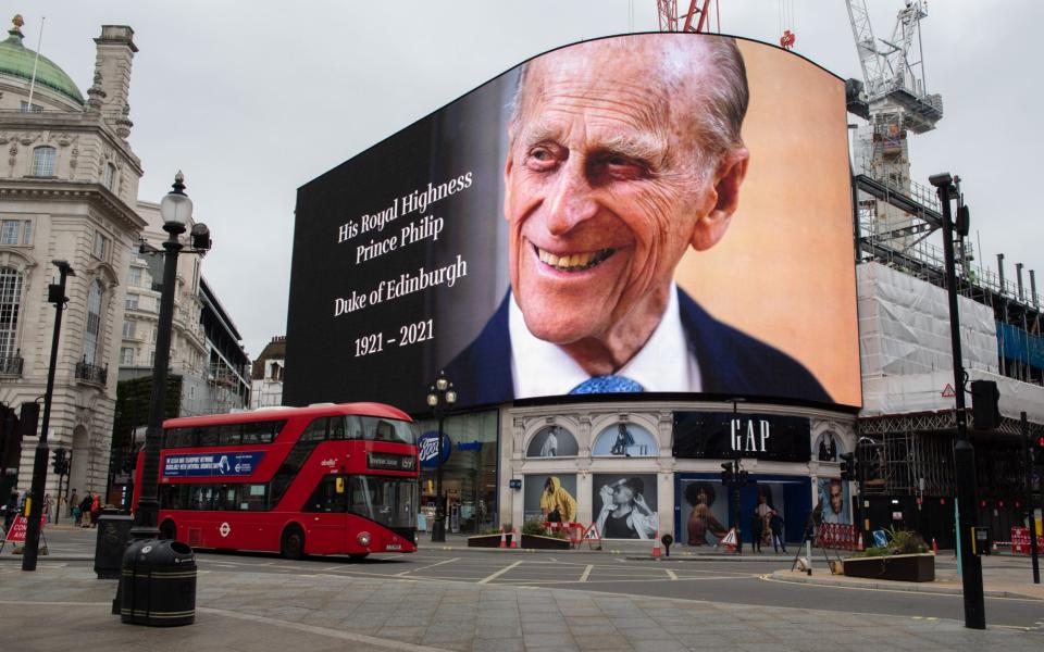 A billboard in Piccadilly Circus displays a remembrance tribute to Prince Philip, Duke Of Edinburgh  - Samir Hussein/WireImage