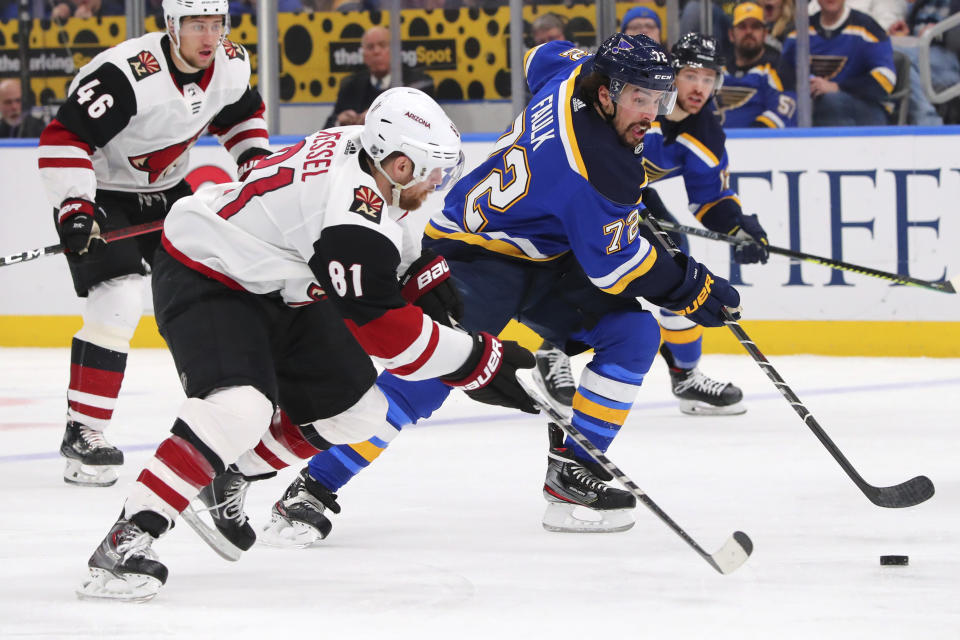 St. Louis Blues defenseman Justin Faulk (72) controls the puck next to Arizona Coyotes forward Phil Kessel (81) during the second period of an NHL hockey game Thursday, Feb. 20, 2020, in St. Louis. (AP Photo/Dilip Vishwanat)