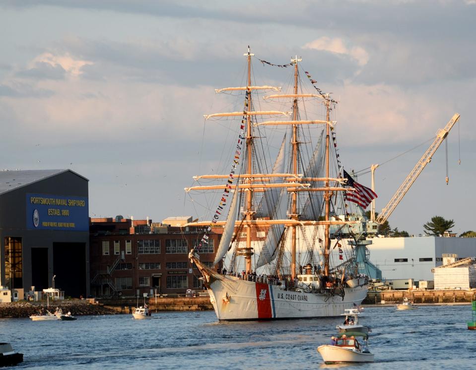The USCGC Eagle passes the Portsmouth Naval Shipyard during the Sail Portsmout parade in 2019.
[Deb Cram/Seacoastonline and Fosters.com]