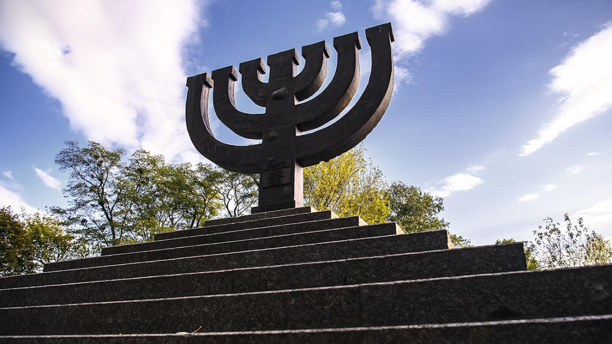 Menorah monument in Memory of Jews Victims at the Babyn Yar National Historical Memorial.  On October 5, 2020 in Kyiv, Ukraine. (Photo by Maxym Marusenko/NurPhoto via Getty Images)