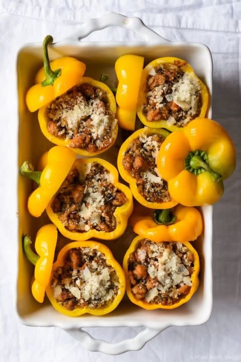 Wild Rice and Sausage Stuffed Peppers with Pesto