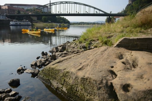 The so-called "Hunger Stone" embedded deep in the Elbe River has reappeared in the Czech Republic after Europe's long, dry summer