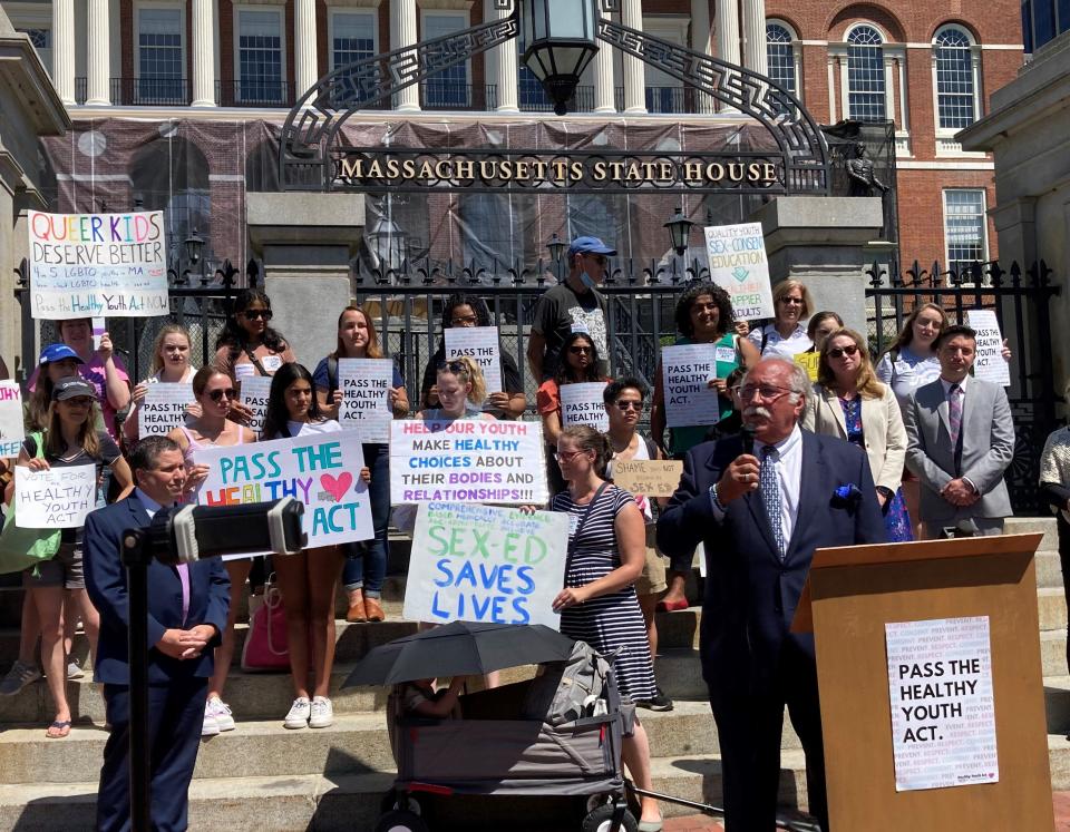 The sponsors of the Healthy Youth Act attended a rally on the State House steps in July 2022. Sen. Sal DiDomenico, D-Everett, left and Rep. James O'Day, D-West Boylston, are still fighting for its passage. The Senate Ways and Means Committee voted favorably Thursday to schedule the measure for a future vote.