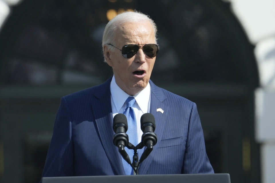 President Joe Biden speaks during a State Arrival Ceremony for Japanese Prime Minister Fumio Kishida on the South Lawn of the White House, Wednesday, April 10, 2024, in Washington. (AP Photo/Susan Walsh)