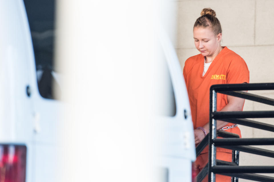 Reality Winner exits the Augusta Courthouse on June 8, 2017