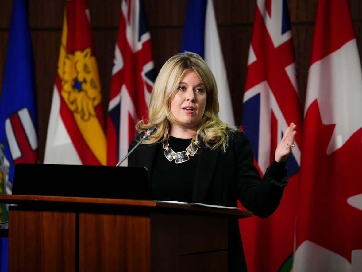 Conservative MP Michelle Rempel Garner holds a press conference on Parliament Hill in Ottawa in April. She announced on June 23 she is not seeking the leadership of Alberta's United Conservative Party.   (Sean Kilpatrick/The Canadian Press - image credit)