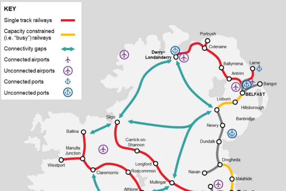 Connectivity gaps and constraints identified in Arup's draft All-Island Strategic Rail Review (Photo: Arup rail review)