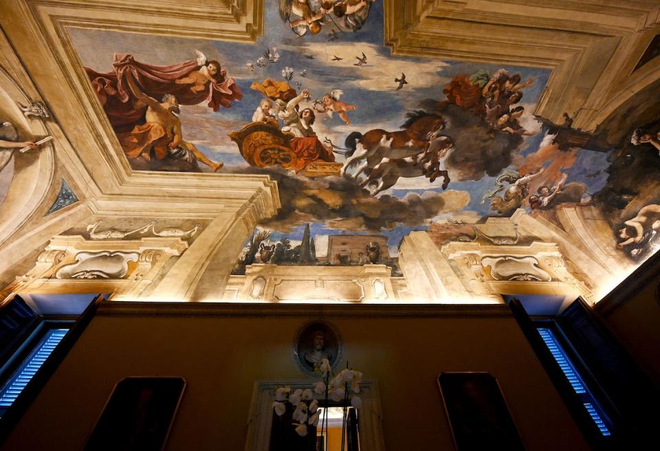 Guercino’s ‘Aurora on Her Triumphal Chariot’ at Villa Aurora. <a href="https://www.gettyimages.com/detail/news-photo/this-photograph-taken-on-january-21-shows-the-ceiling-news-photo/1237880015?adppopup=true" rel="nofollow noopener" target="_blank" data-ylk="slk:Vincenzo Pinto/AFP via Getty Images;elm:context_link;itc:0;sec:content-canvas" class="link ">Vincenzo Pinto/AFP via Getty Images</a>