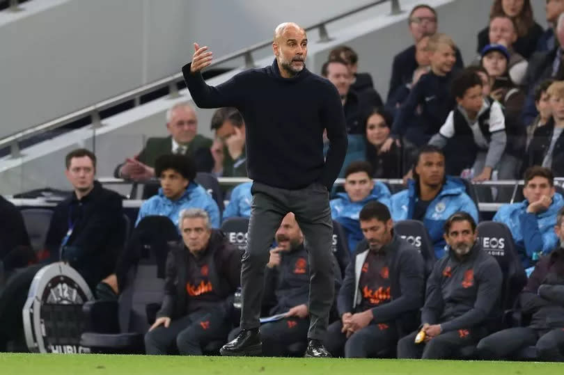 Pep Guardiola, Manager of Manchester City, reacts during the Premier League match between Tottenham Hotspur and Manchester City at Tottenham Hotspur Stadium on May 14, 2024 in London, England. (Photo by Julian Finney/Getty Images)